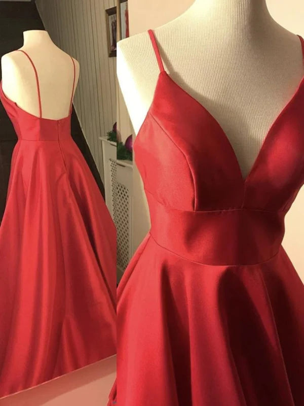 Elegant Long A-line V Neck Backless Satin Tulle Graduation Prom Dresses with Pockets