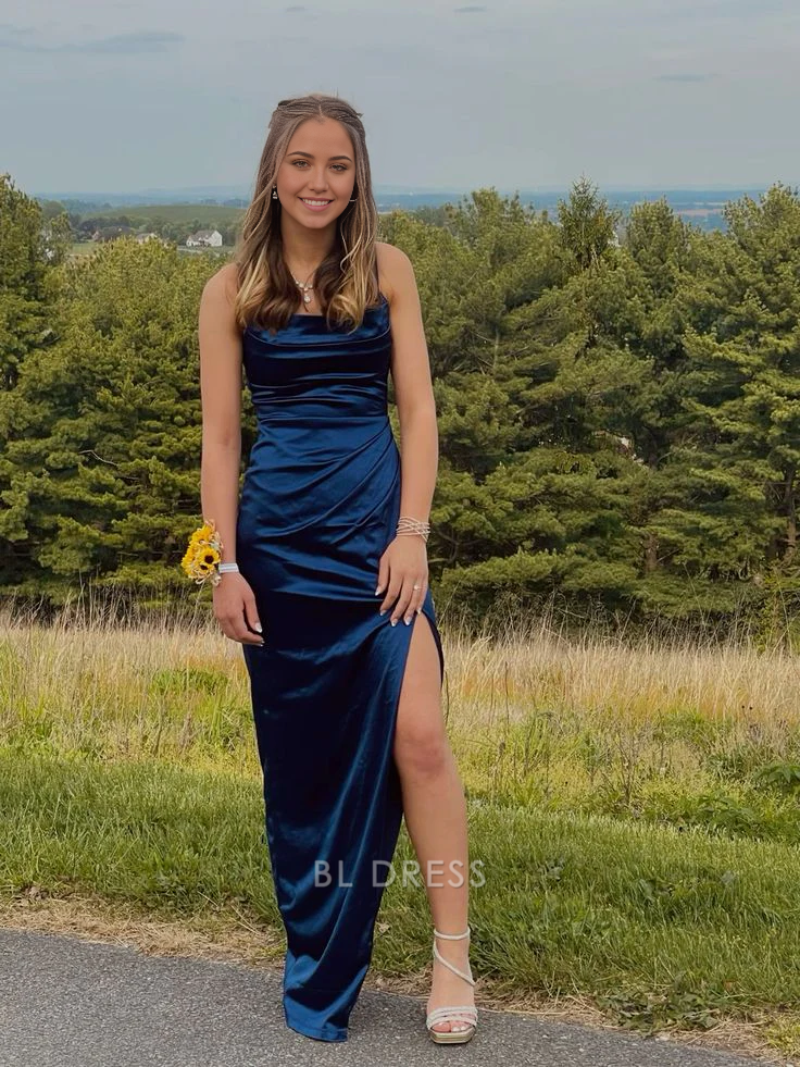 Spaghetti Straps Sweetheart Neck Sheath Slit Dress Ocean Blue main image 1
