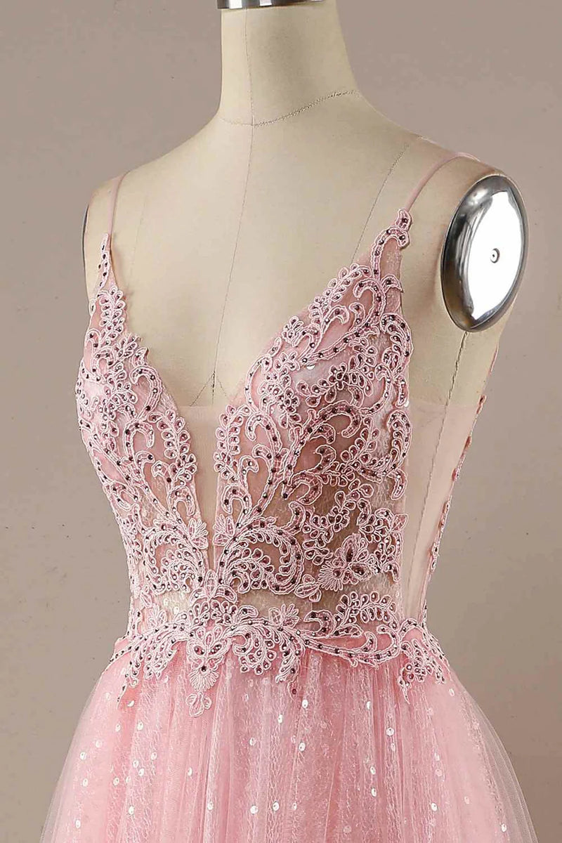 Glitter Blush Pink A-Line Deep V Tulle Appliques Long Prom Dress with Slit