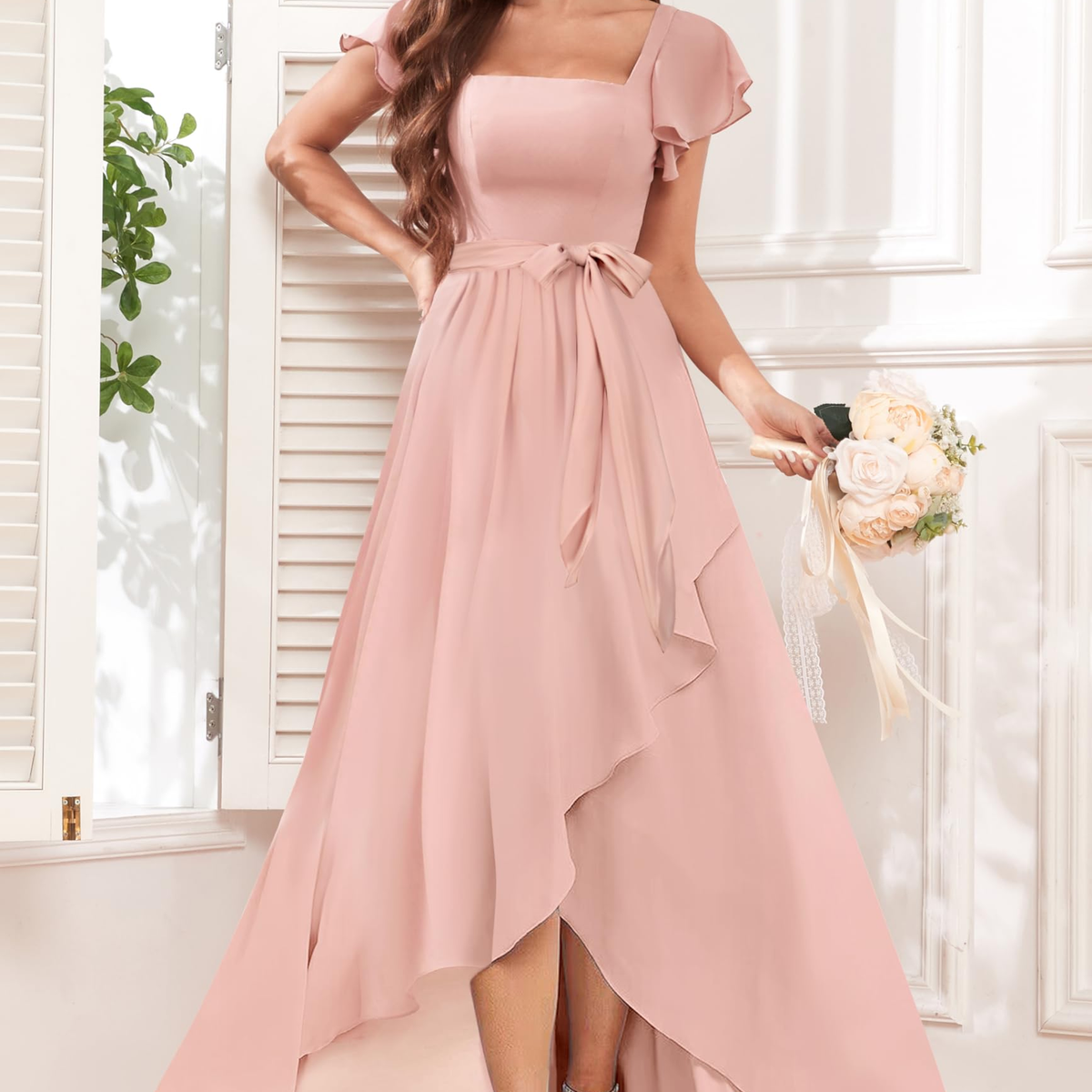 Ruffled Square Neck Fishnet A-Line Dress