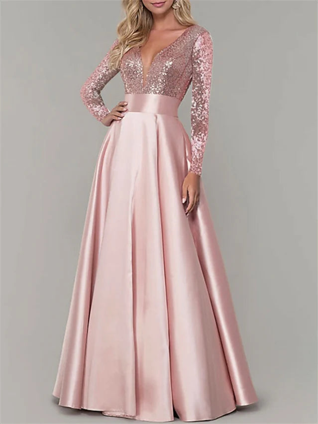 A-Line V Neck Long Sleeves Floor Length Evening Dresses – BL Dress