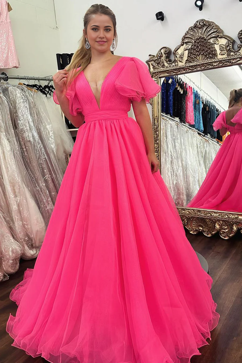 Ball Gown V Neck Pink Tulle Long Prom Dress with Lace Appliques LBQ3306