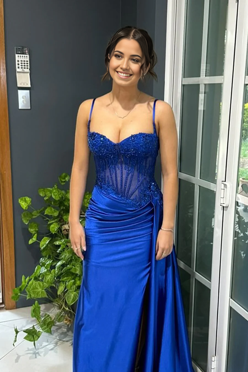 Royal Blue Long Mermaid Sweetheart Satin Formal Prom Dresses With Slit