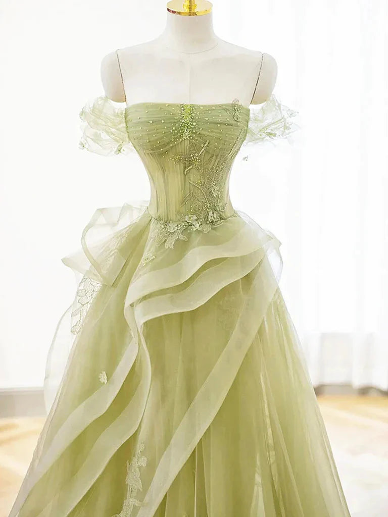 Off the Shoulder Tulle Beaded Open Back Long Prom Dresses, SG125