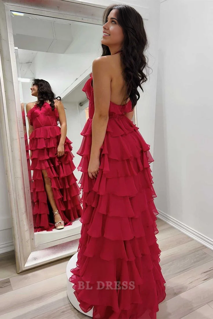 Print Halter Keyhole Ruffle Tiered Long Prom Dress