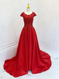 A-Line Scoop Neckline Satin Lace Long Prom Dress