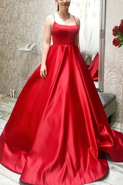 A-line Halter Satin Long Dresses with Pockets Dusty Blue