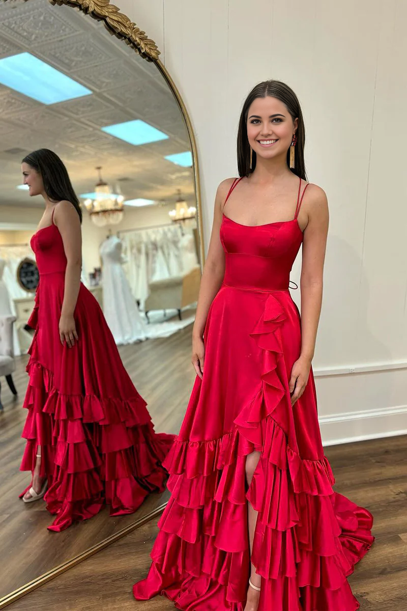 Red Cutout Ruffle A-Line Long Prom Dress with Slit main image 0