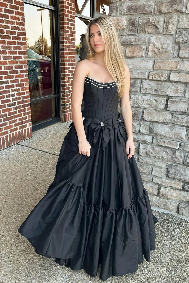 Ball Gown Elegant Short Sleeve Floor Length Formal Dress A-Line Black Satin Princess Dress