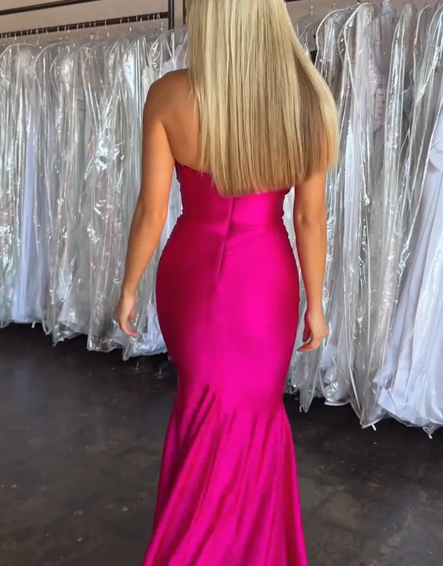 Fuchsia and Red Color Block Strapless Mermaid Ruched Long Formal Dress