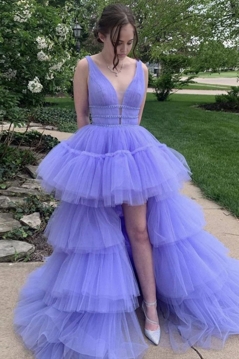 Dramatic V-neck Pleated Long Gown with Slit Lavender main image 0