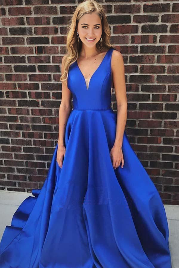 Simple A-line V Neck Backless Satin Long Formal Prom Dresses with Pockets main image 1