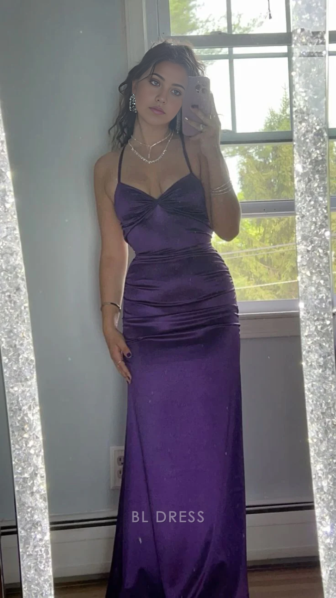Chic Spaghetti Straps Light Purple Silk Satin Long Evening Dress main image 0