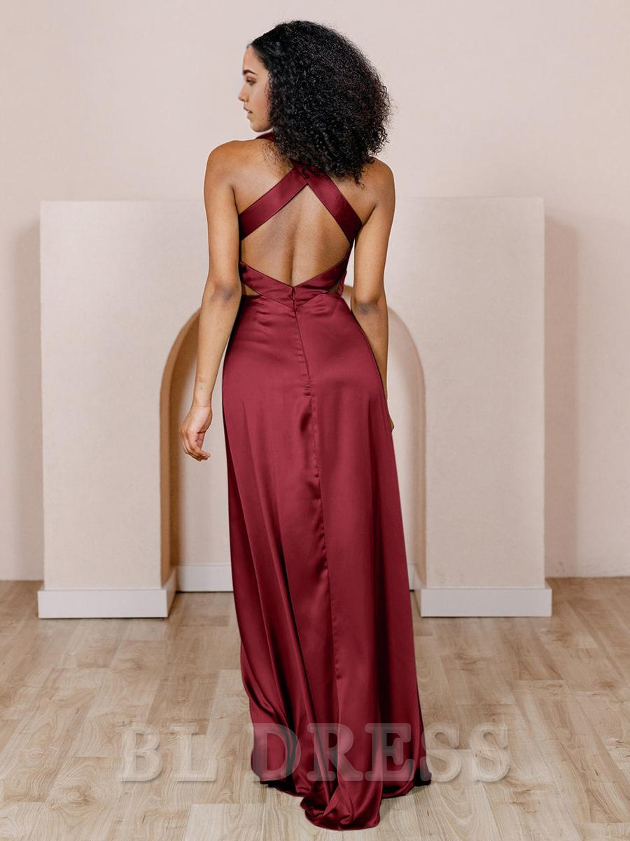 A Line V Neck Asymmetry Floor Length Satin Prom Dresses Formal Evening Graduation Gowns main image 1