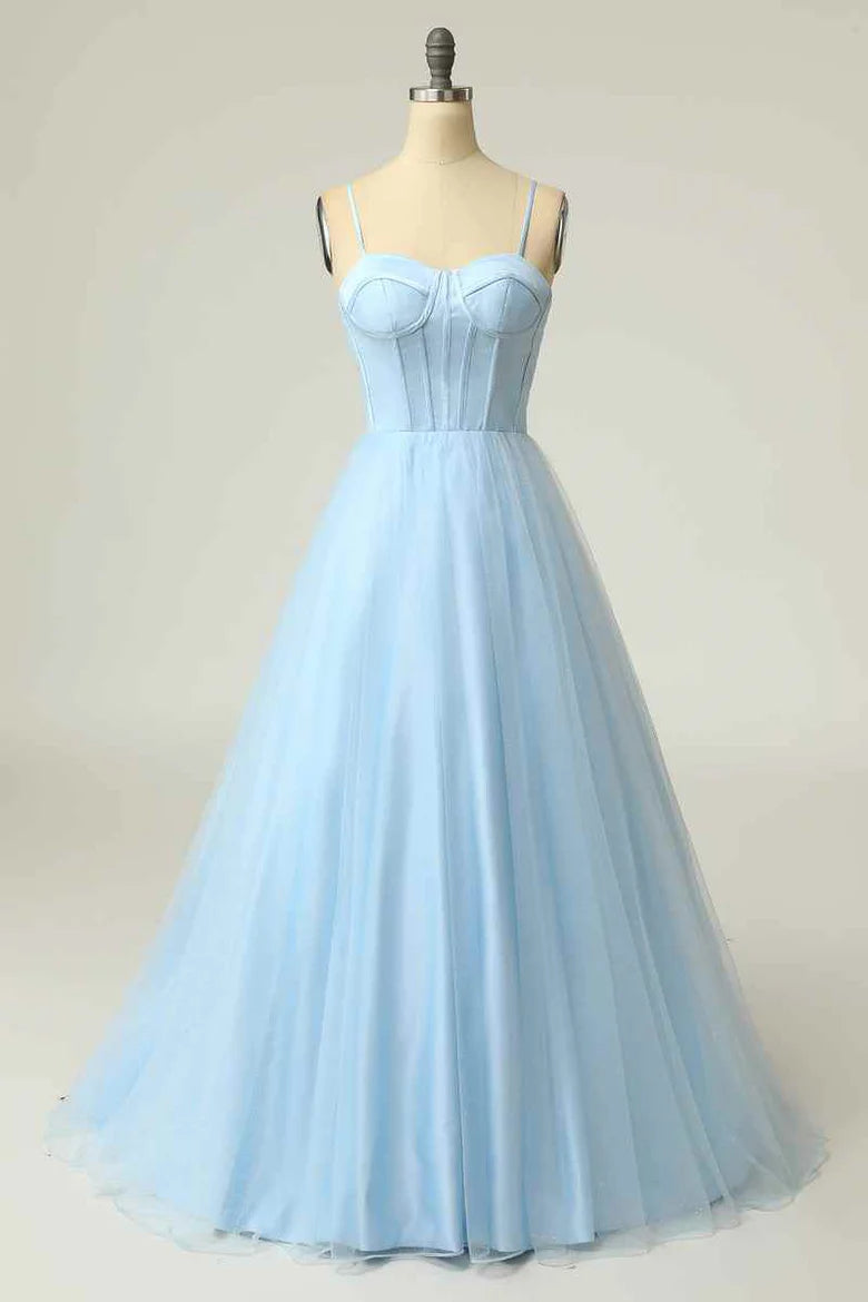 A line Straps Tulle Long Prom Dress Evening Dresses P1083 main image 0