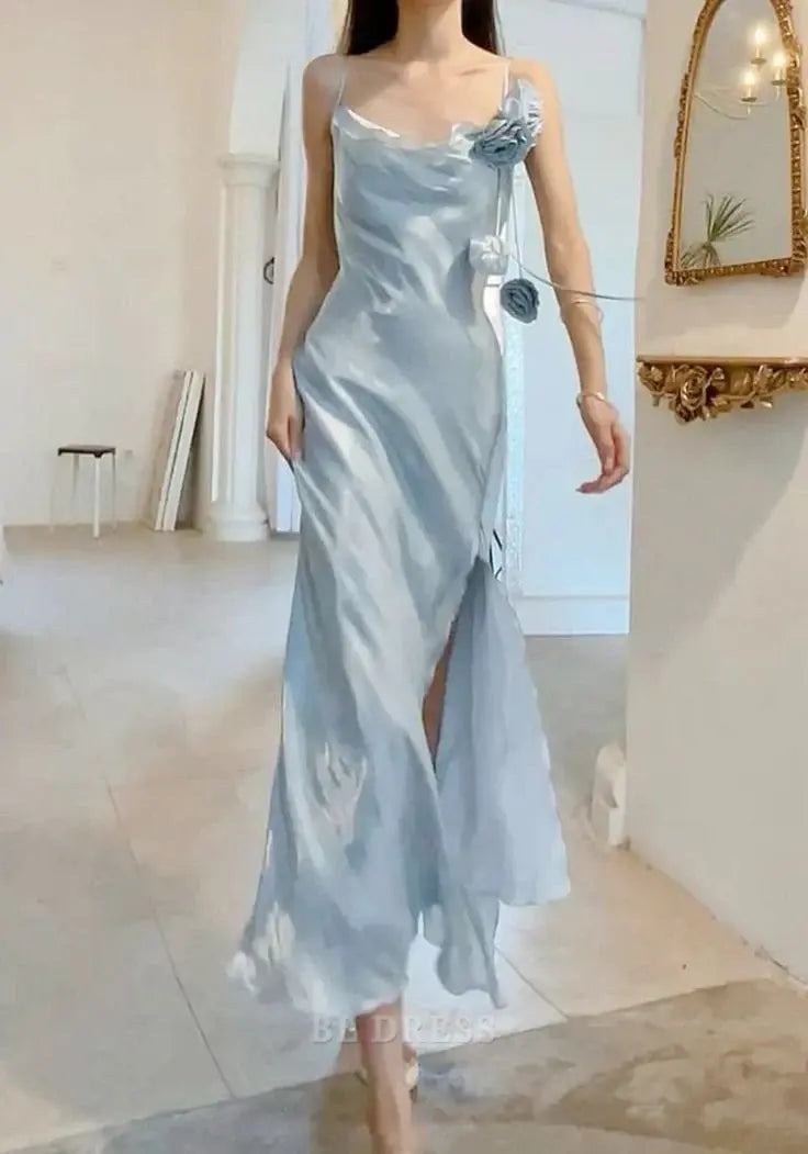 Square Neck Spaghetti Straps Chiffon Dresses Sky Blue
