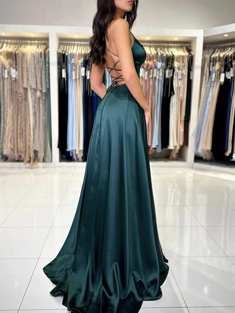 V Neck A Line Satin Open Back Prom Dresses LBQ0244 main image 1