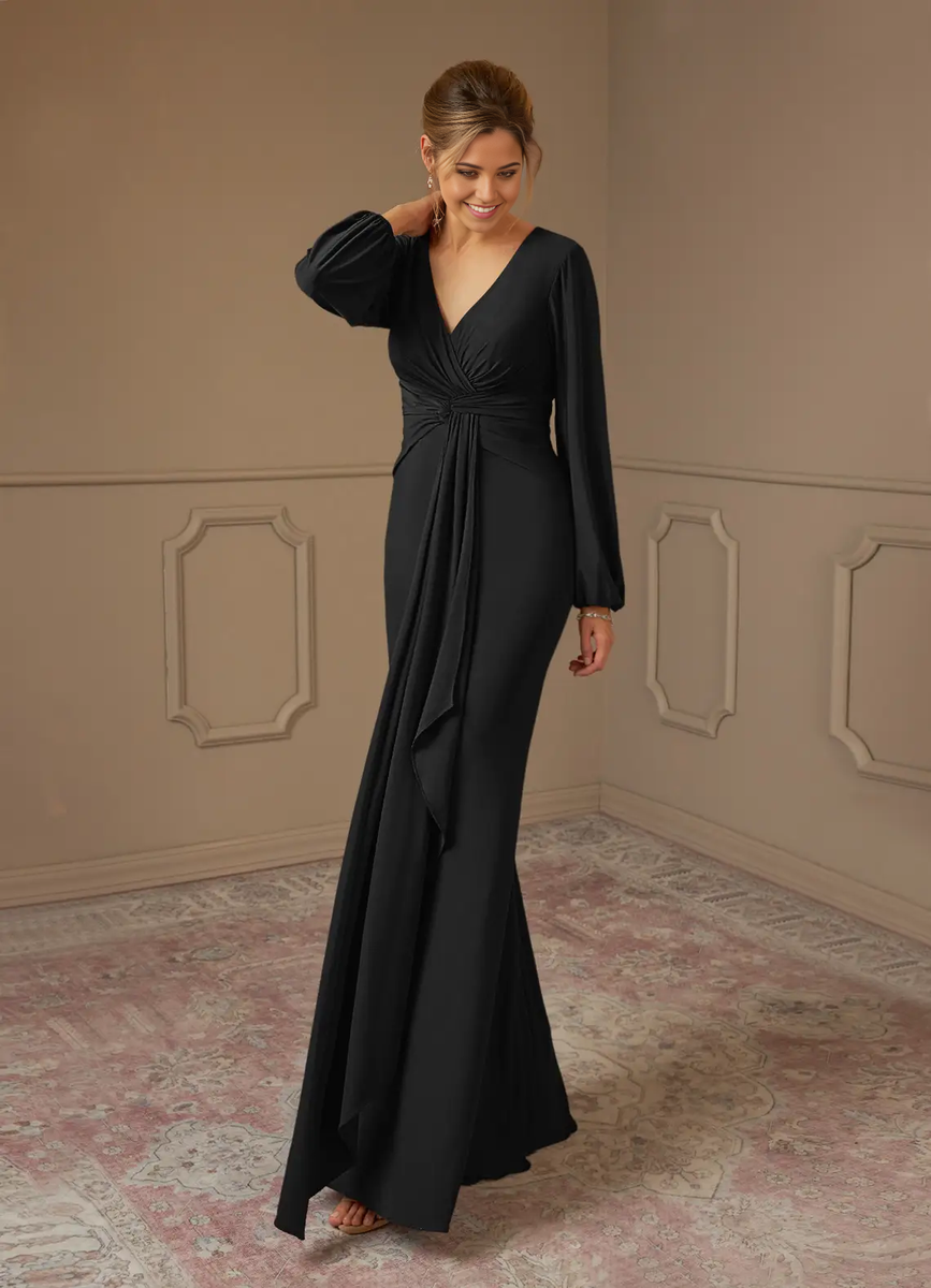 Sheath Pleated Long Sleeve Black formal dresses evening dress Mother o