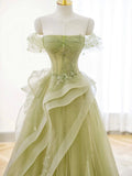 A-Line Off Shoulder Tulle Lace Long Prom Dress