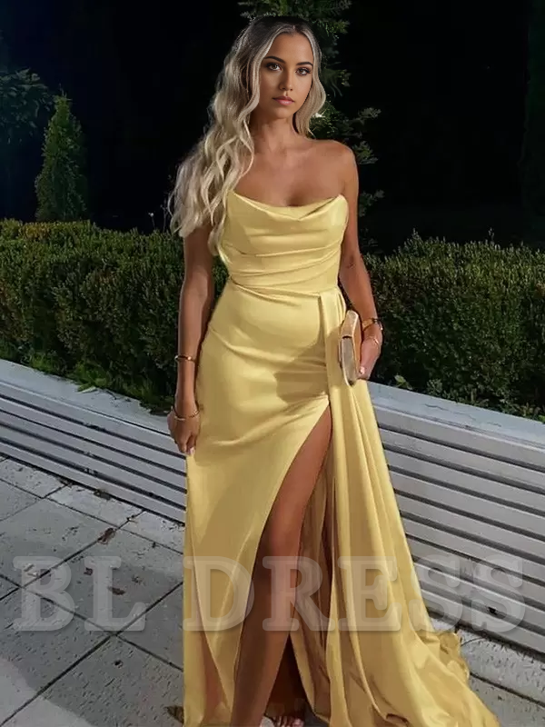 Sheath Bateau Neck Satin Ankle Length Bridesmaid Dresses with Slit VK23101507