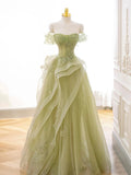 A-Line Off Shoulder Tulle Lace Long Prom Dress