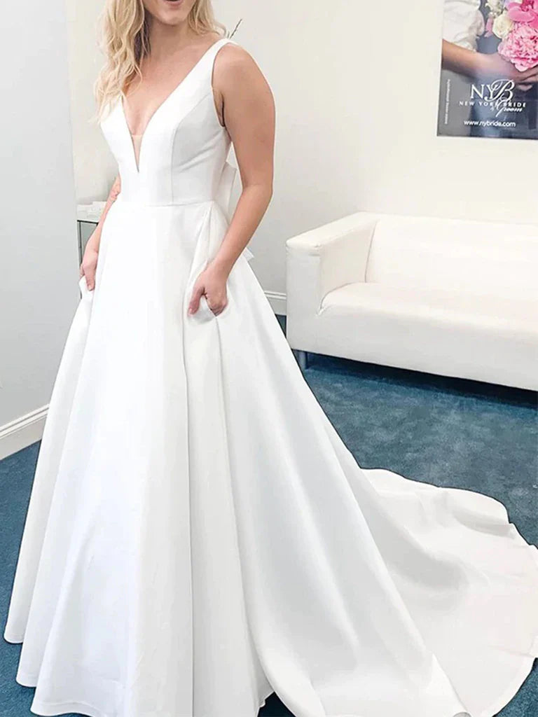 A-line V-neck Open Back Satin Prom Dresses main image 1