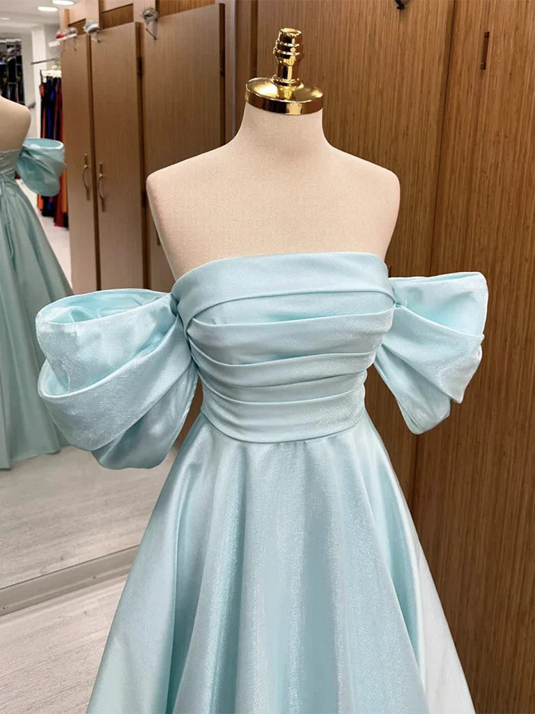 Black A-Line Off Shoulder Satin Long Prom Dress Evening Dress,DP799 main image 1
