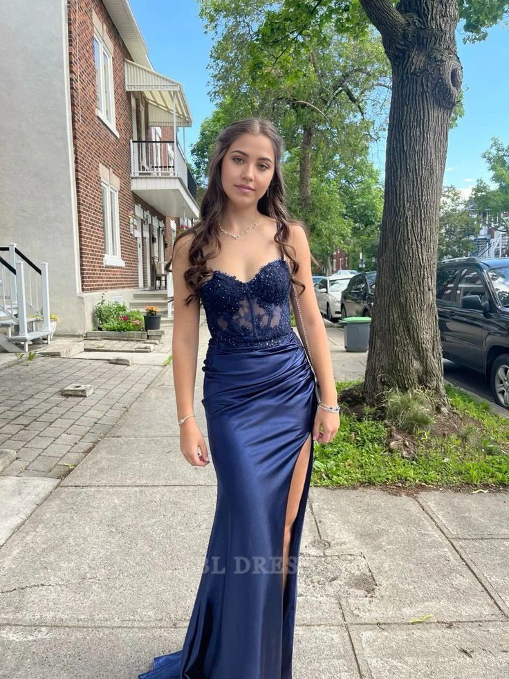 Stunning Sweetheart Neck Spaghetti Straps Chiffon Dresses with Slit Ocean Blue