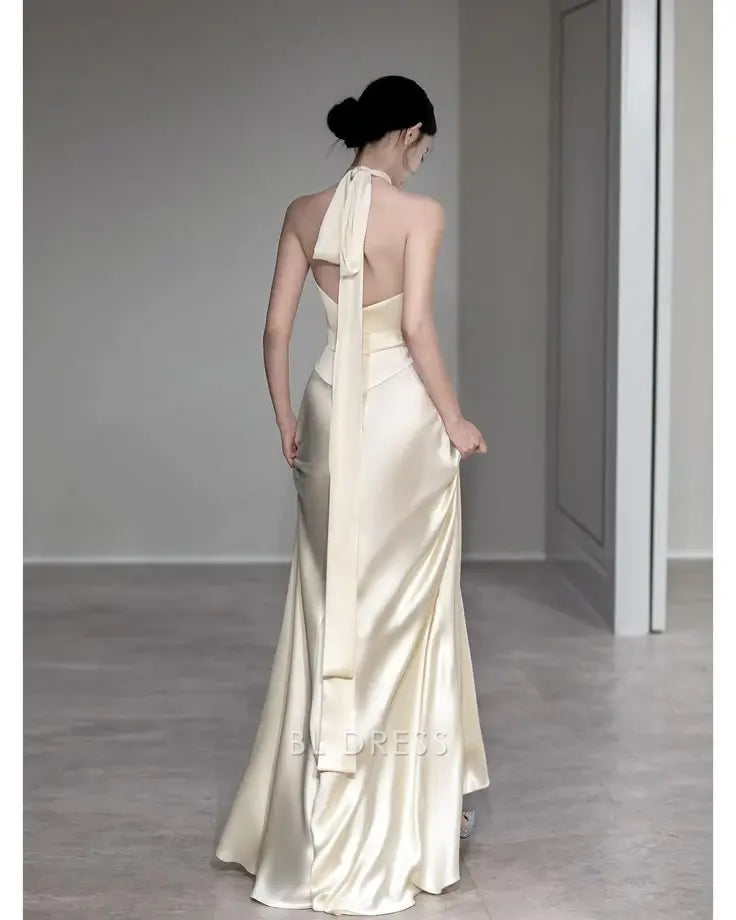 Chic Mermaid Halter Satin Long Wedding Dresses C4332