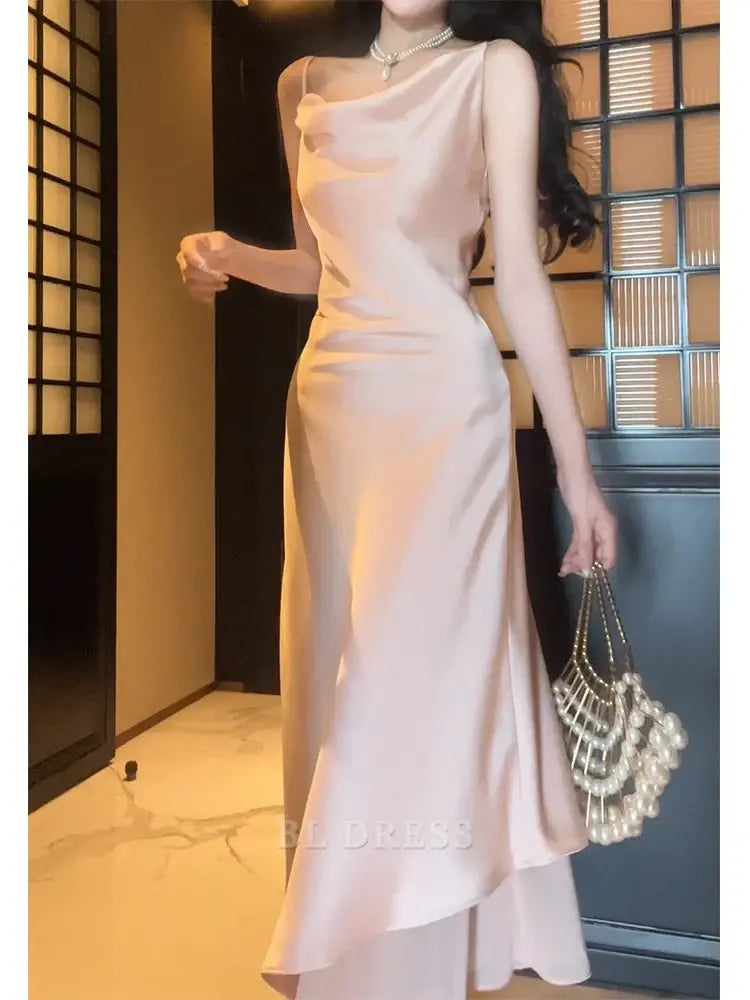 Straight Pink A Line Satin Beaded Gala Dress