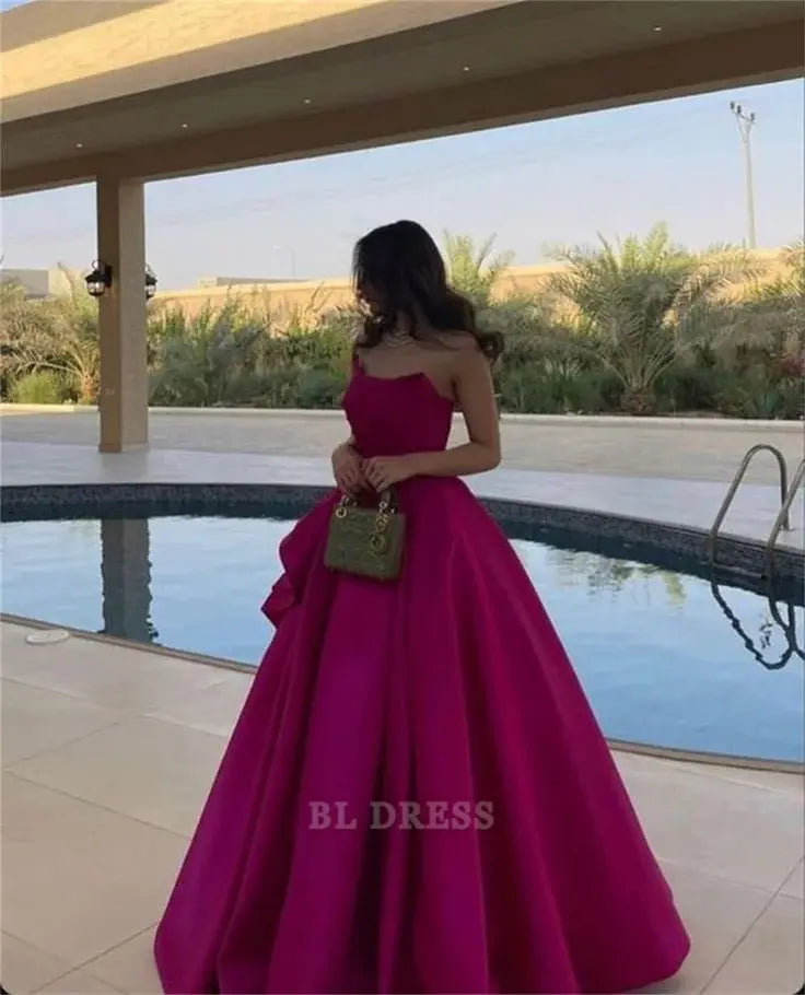 Sexy A Line Strapless Satin Pink Long Prom Dress B184