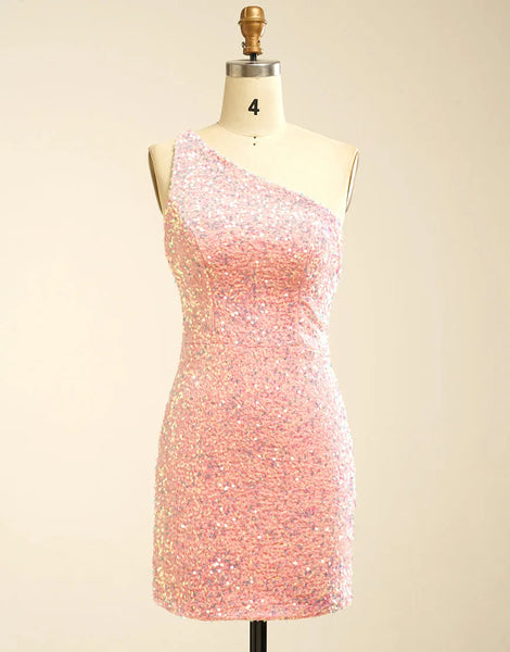 Glitter One-shoulder Rose Pink Homecoming Dress With Sequins