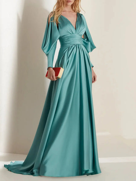A-line V-Neck Long Sleeve Chiffon Dress Peacock