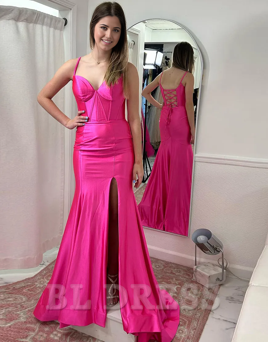 Sweetheart Corset Spaghetti Straps Dress With Slit Fuchsia