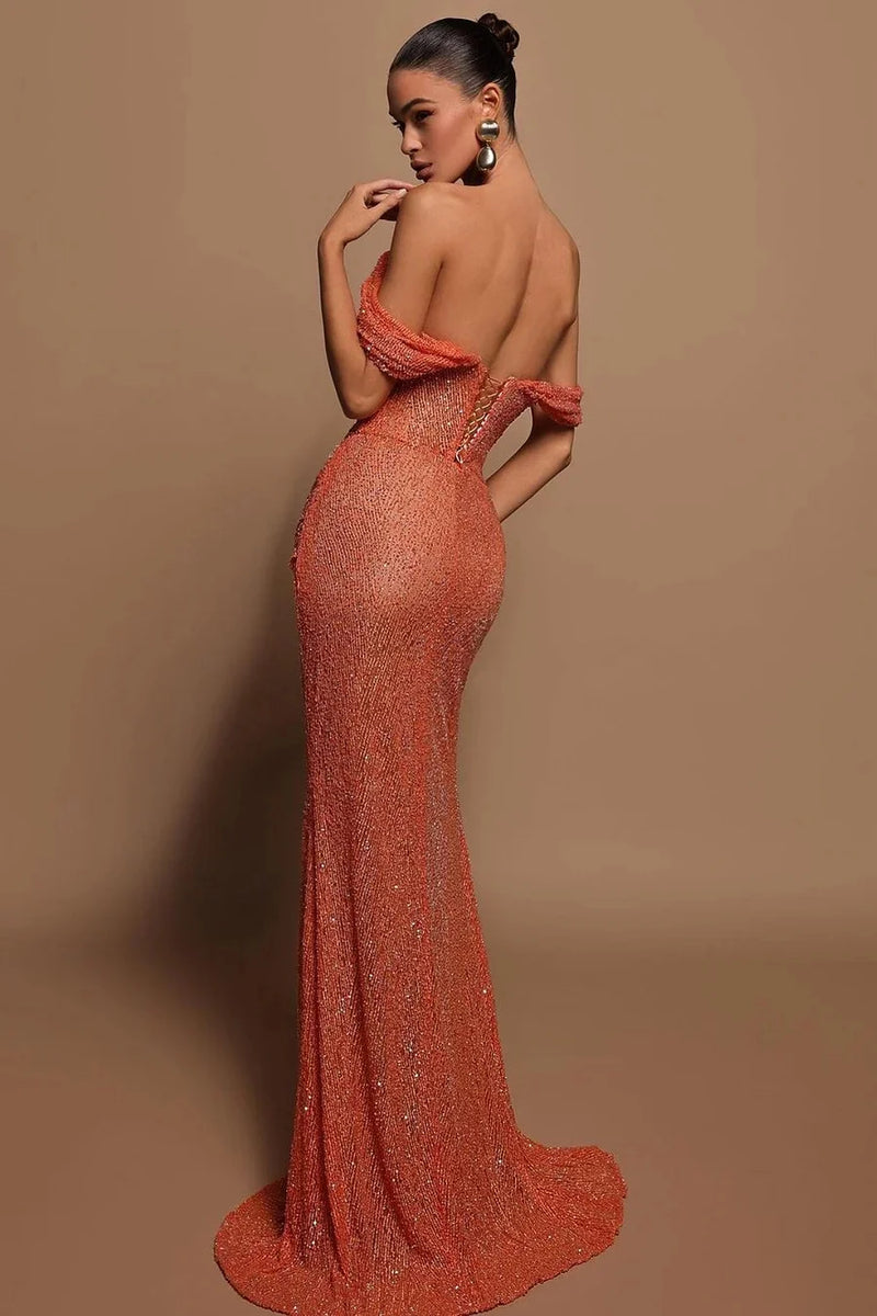 Off the Shoulder Side Slit Sparkle Sequins Prom Dresses LBQ0811 main image 1