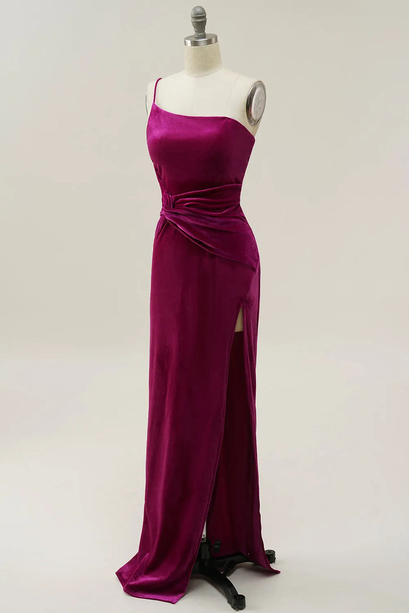 One-Shoulder Long Velvet Dresses with Slit Sunset