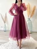 A-Line Cocktail Dresses Minimalist Dress Christmas Tea Length Long Sleeve V Neck Organza with Buttons Pure Color