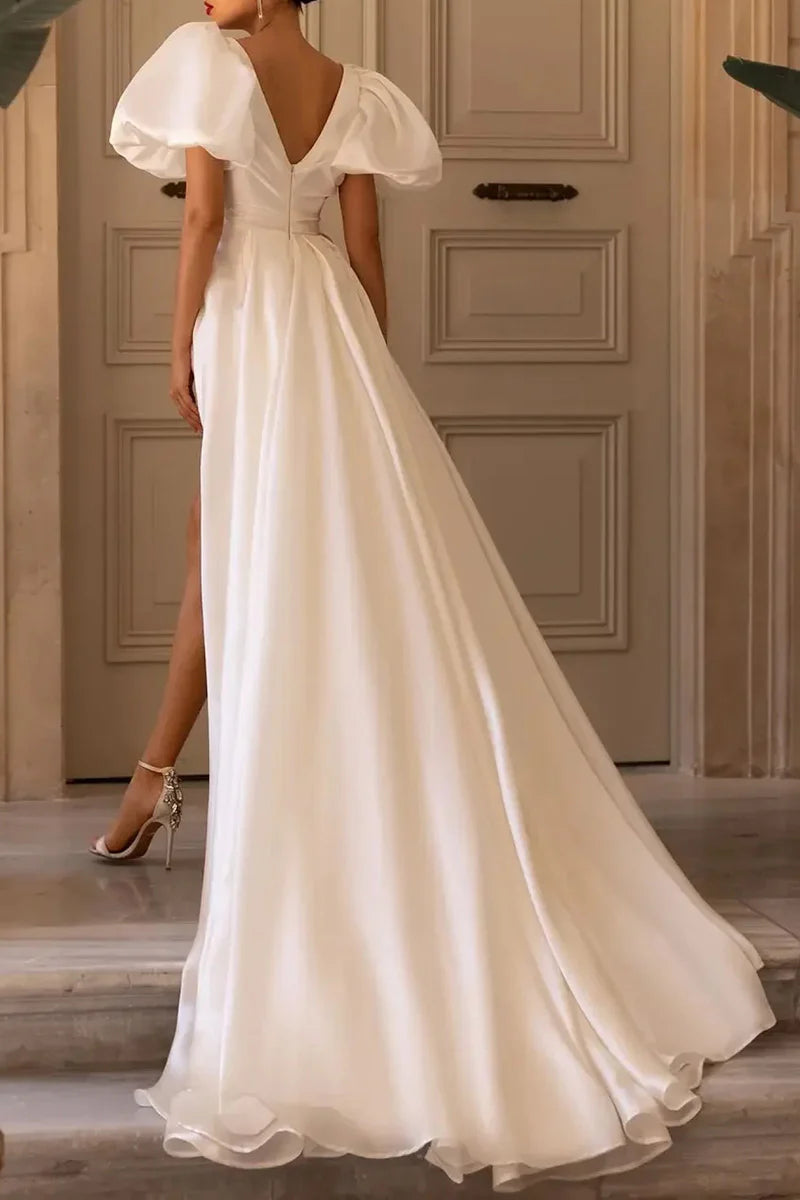 A Line V Neck Short Sleeves Wedding Dress – BL Dress