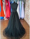 A-Line Prom Dresses Glitter Formal Gothic Dress Graduation Floor Length Sleeveless Sweetheart Spaghetti Tulle with Slit