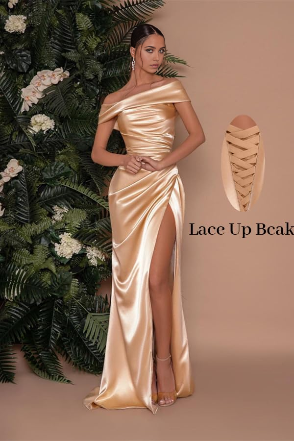 Bow Satin One Shoulder Pleated Long Mermaid Formal Dresses main image 1