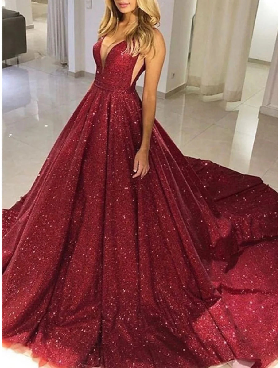 A-line V-neck Sleeveless Strpas Backless Long Burgundy Prom Dresses, PD0096