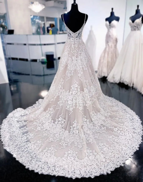 Vintage Spaghetti Straps A-Line Floor-length Wedding Dress With Train Appliques Lace main image 1