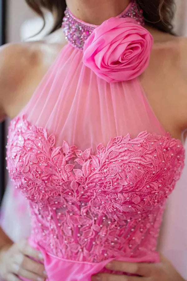 Gorgeous Halter Neck Applique Detail Bodice Lace-Up Back Prom Dress main image 1
