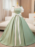A-Line Puff Sleeves Satin Long Prom Dress