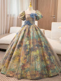 A-Line Puff Sleeves Long Prom Dress with Flower