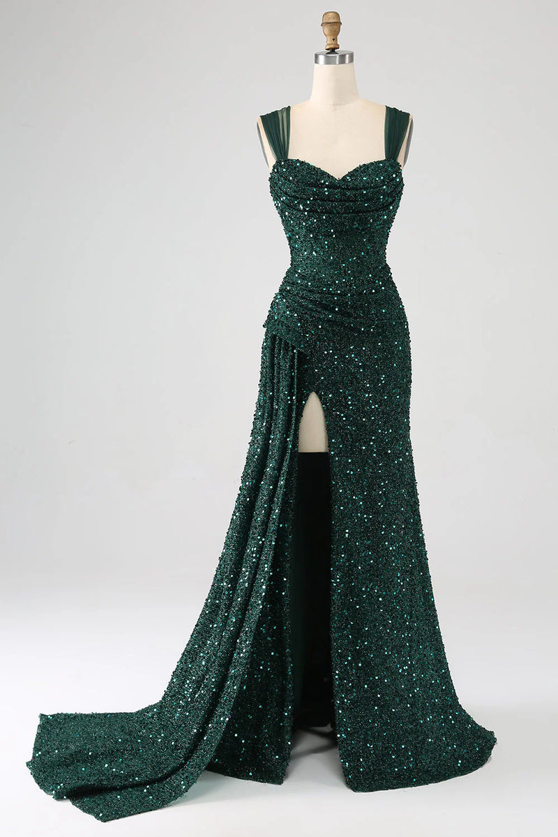 Semi-Sheer Pleated Panel Slit Long Dress