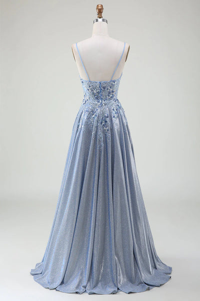 Shiny Sky Blue Tulle A Line Spaghetti Straps Prom Dresses, Evening Dresses, PL475