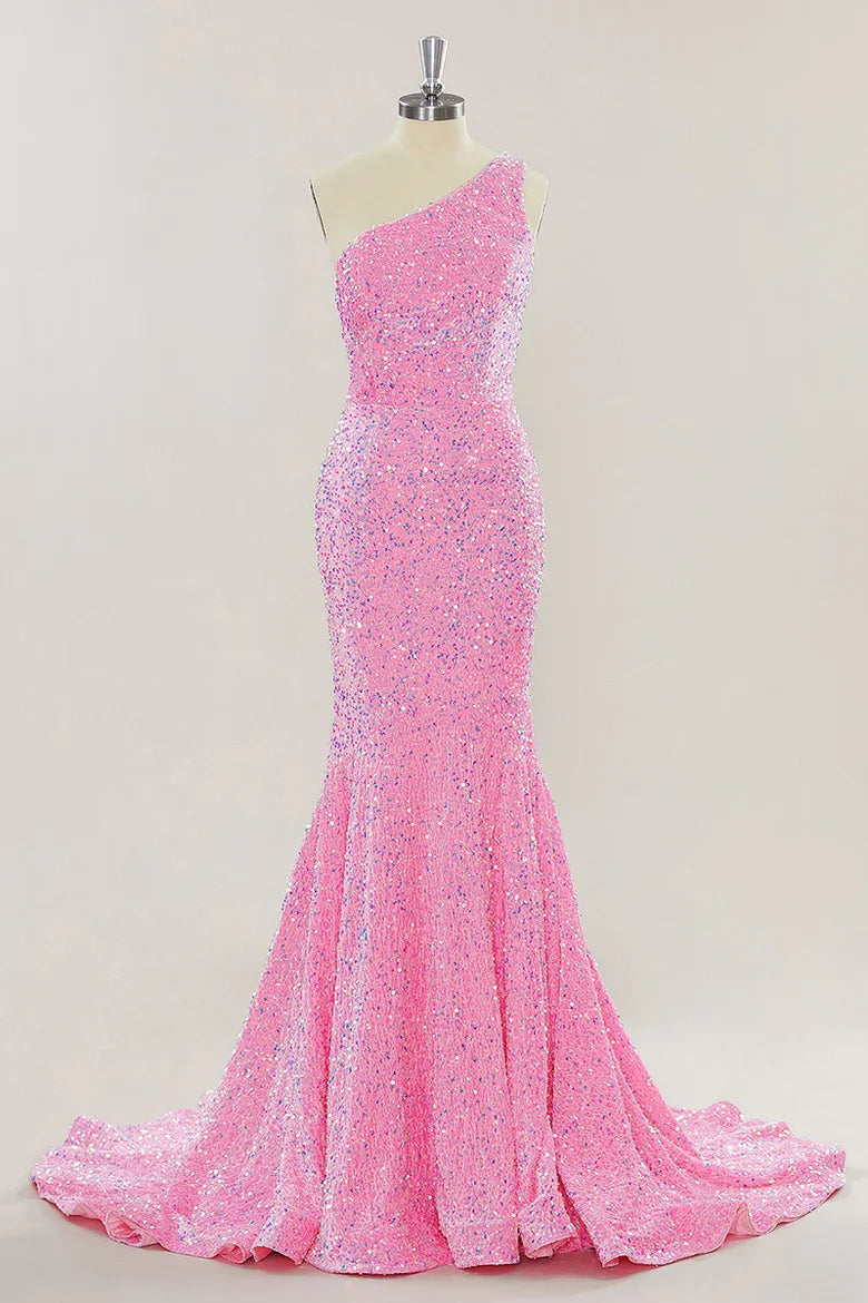 One Shoulder Hot Pink Sequins Mermaid Long Prom Dress main image 1