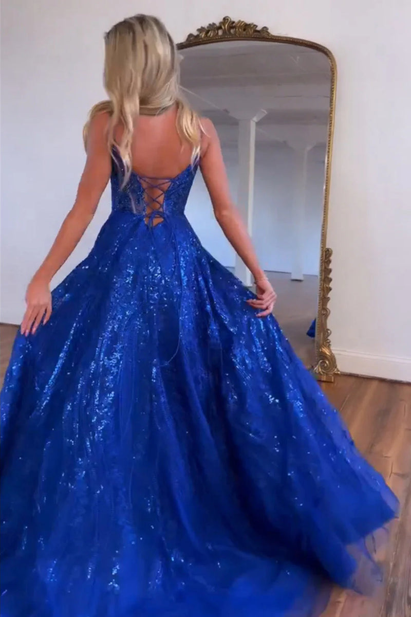A-Line Spaghetti Glitter Royal Blue Straps Lace Up Long Prom Dress – BL