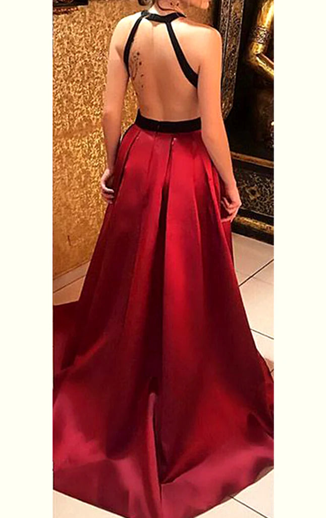 Sparkly Beaded Halter Long Satin Evening Gowns Open Back Prom Dresses